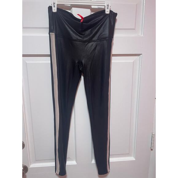SPANX Faux Leather Leggings Tummy Control Side Stripe Black White size XL - Picture 2 of 9